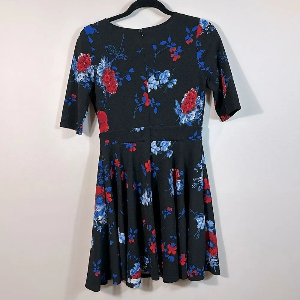 Mystic Black Floral Mini Skater Fit Flare Dress Dark Romantic Women Size Large